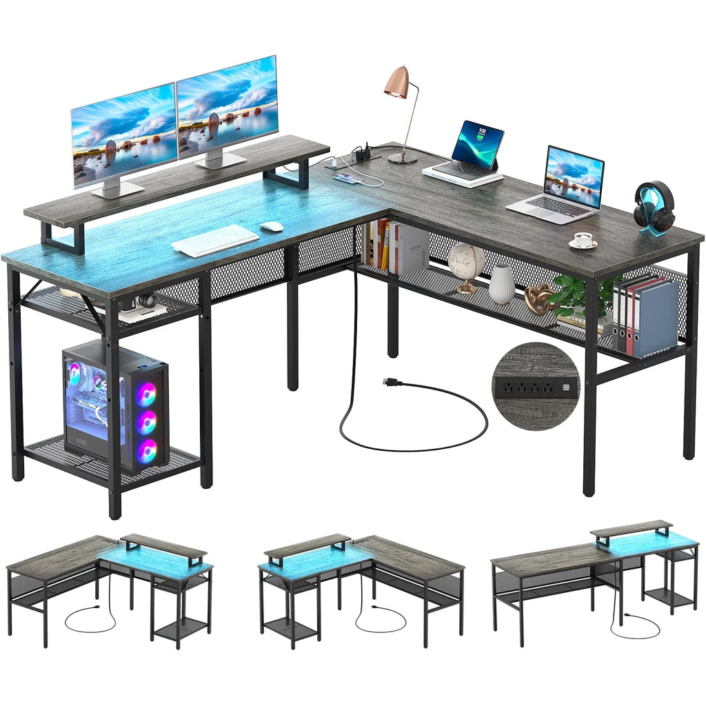 55 Inch Reversible L Shaped Computer Desk with Power Outlets V31929