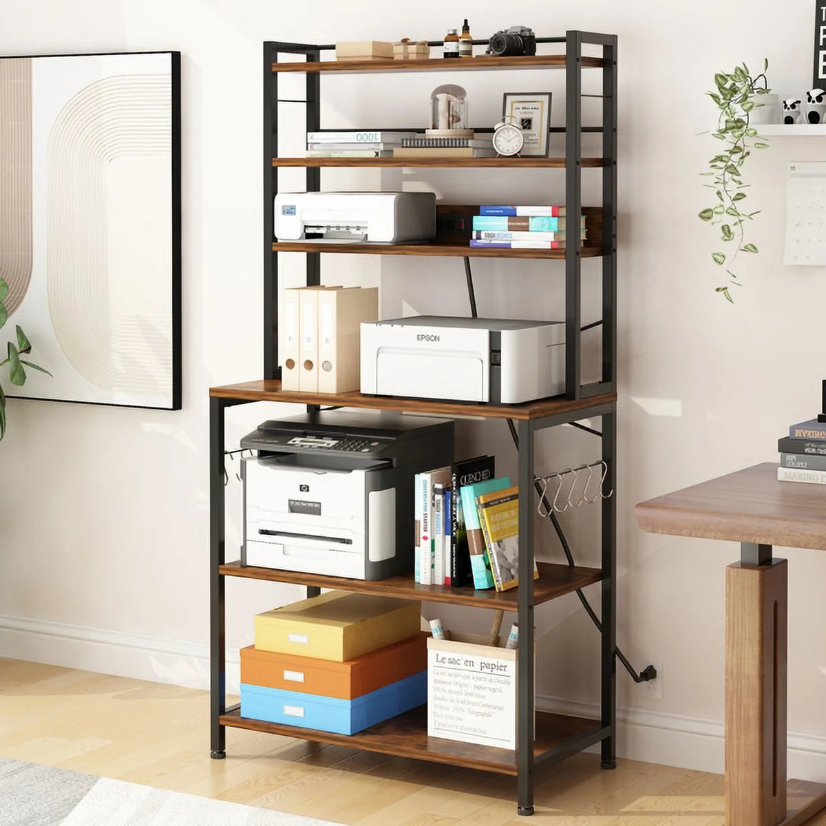 Rustic Brown 6-Tier Bakers Rack with Power Outlets S523