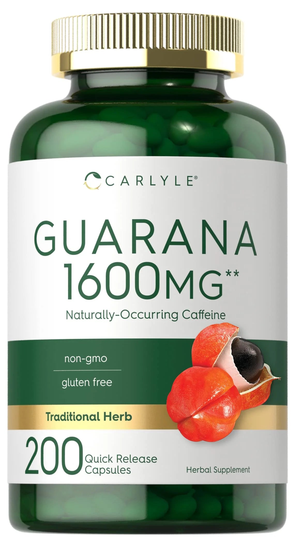 Guarana Extract Capsules 1600mg 200 Count Non-GMO Gluten Free X69625