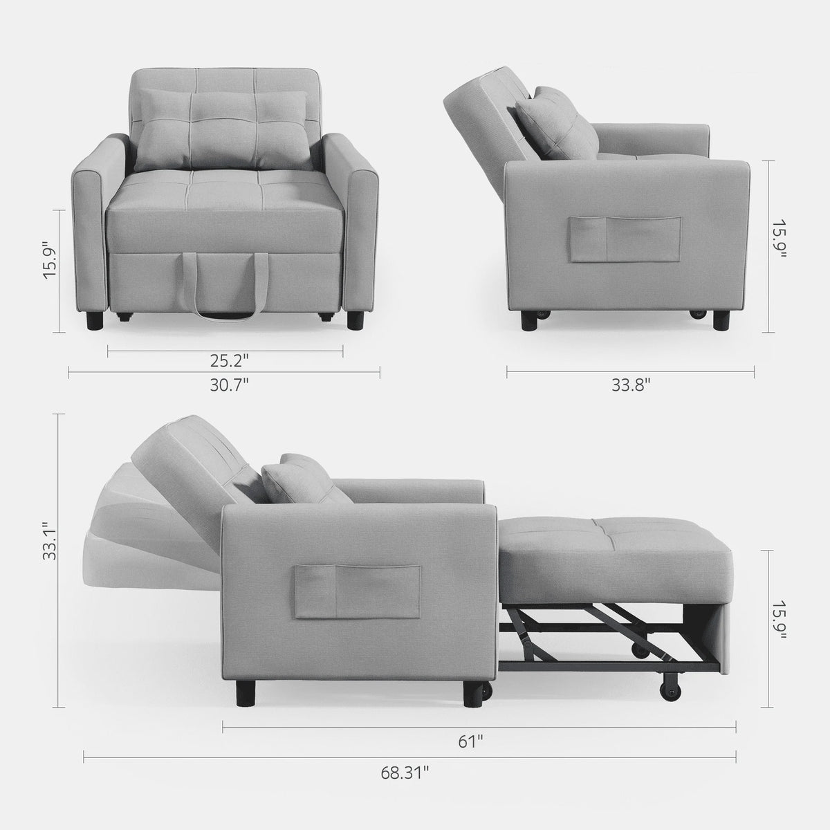 Light Gray 3 in 1 Convertible Sleeper Sofa M8911
