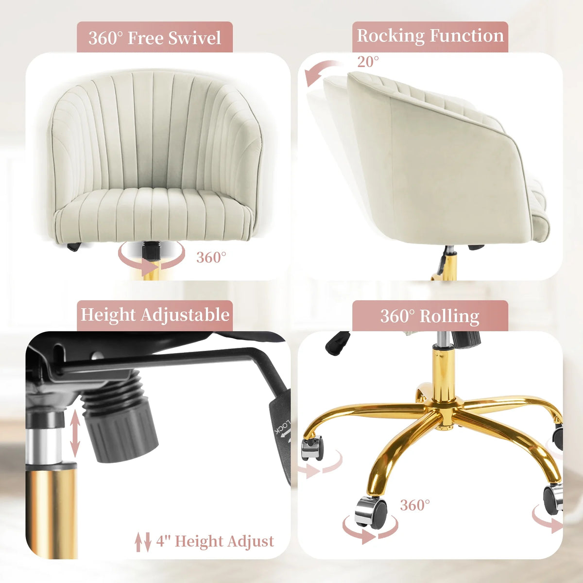 Velvet Swivel Office Chair with Wheels H717383