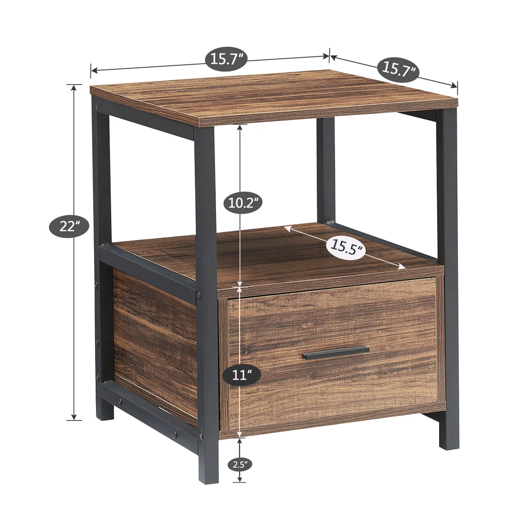 2 Tiers Nightstand with Drawer and Open Shelf Brown B669