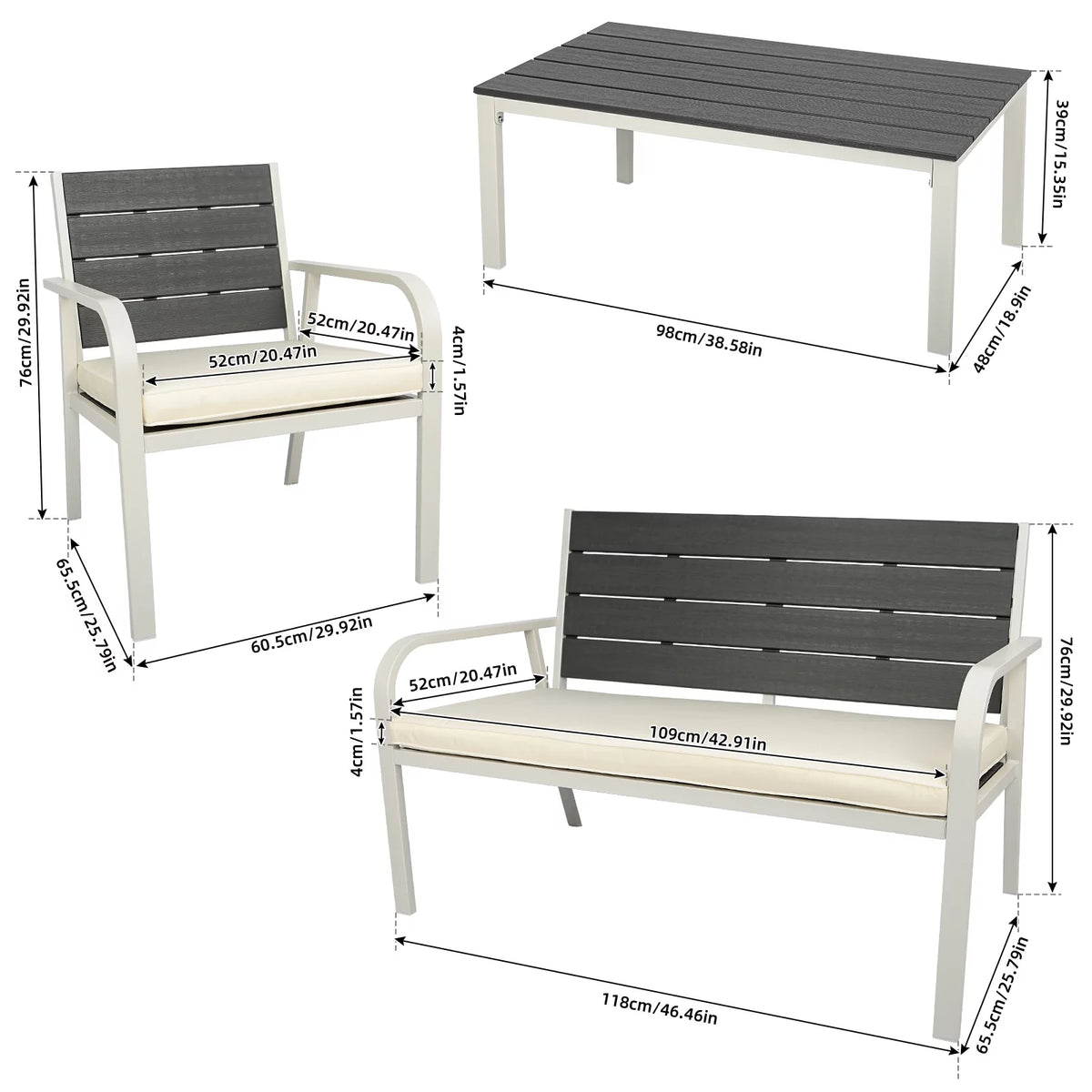 4 Pieces Patio Conversation Set with Cushions Coffee Table White B43151