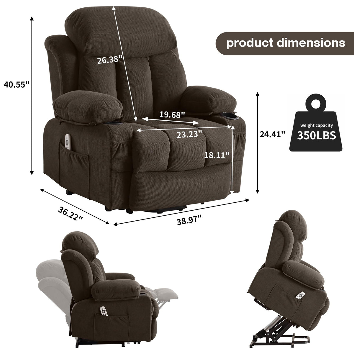 Brown PU Leather Power Lift Recliner Chair with Massage and Heating O355