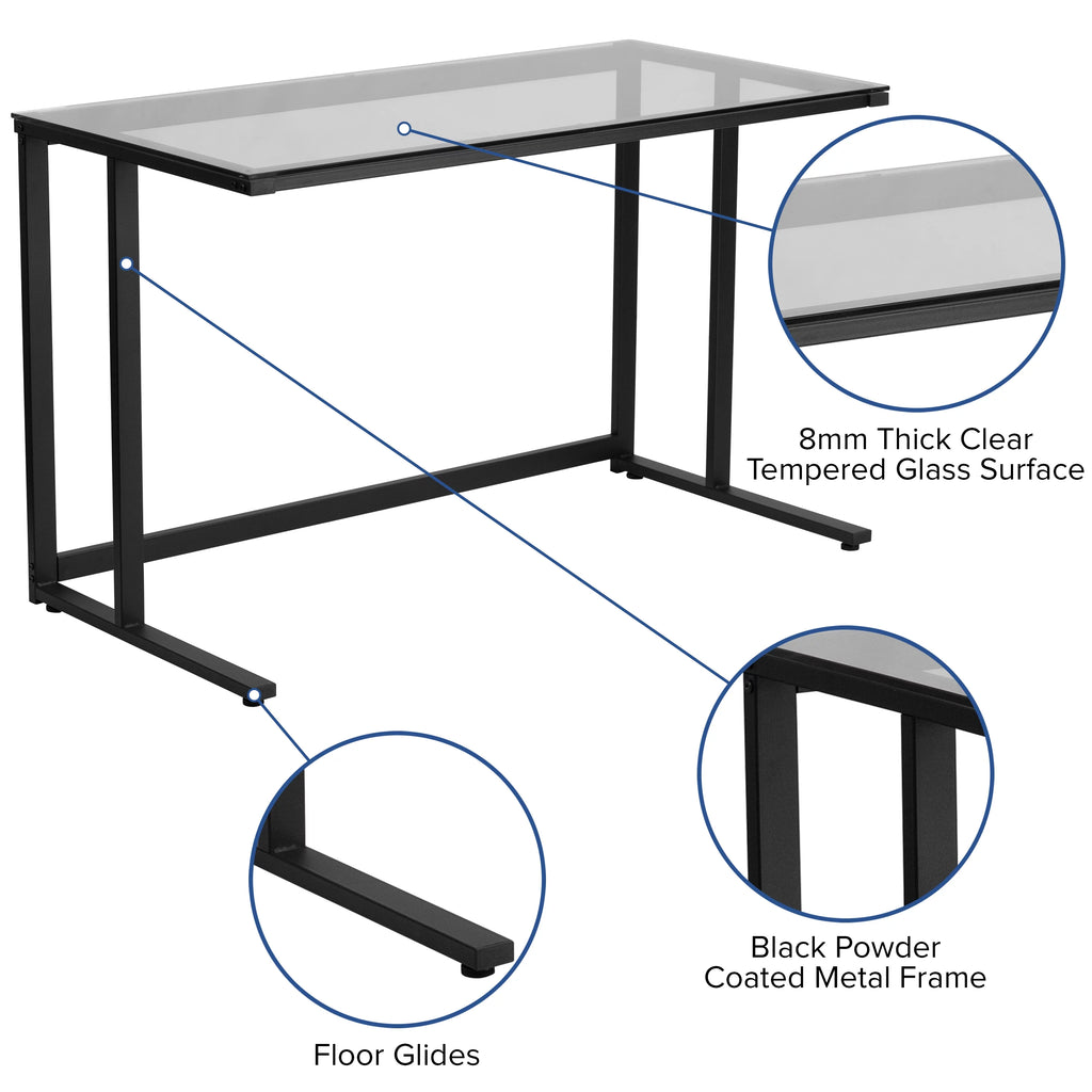 Glass Desk with Black Pedestal Metal Frame Z71214