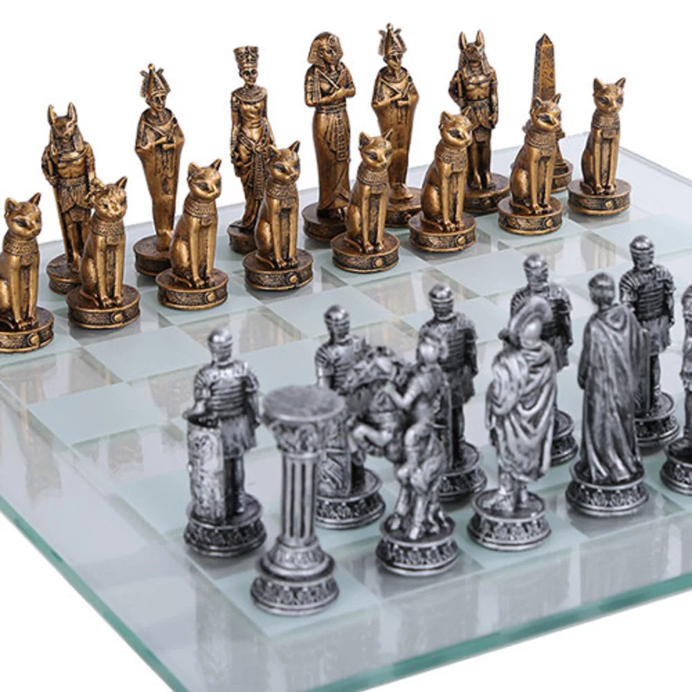 Egyptian vs Roman Chess Set with Glass Board G876