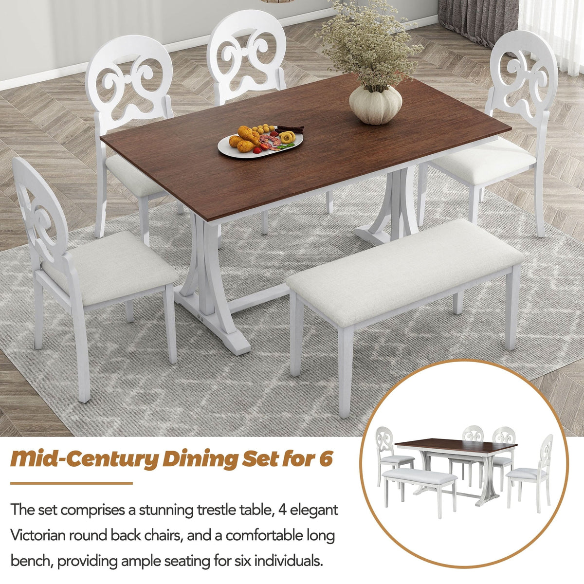 6 Pc Wood Dining Table Set with Chairs and Bench E902