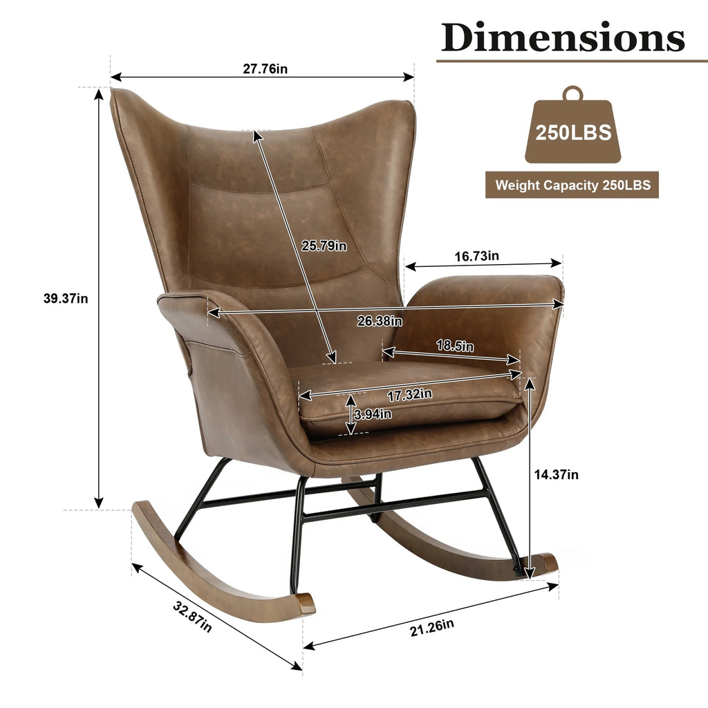Brown PU Leather Rocker Glider Chair with Wooden Base R473