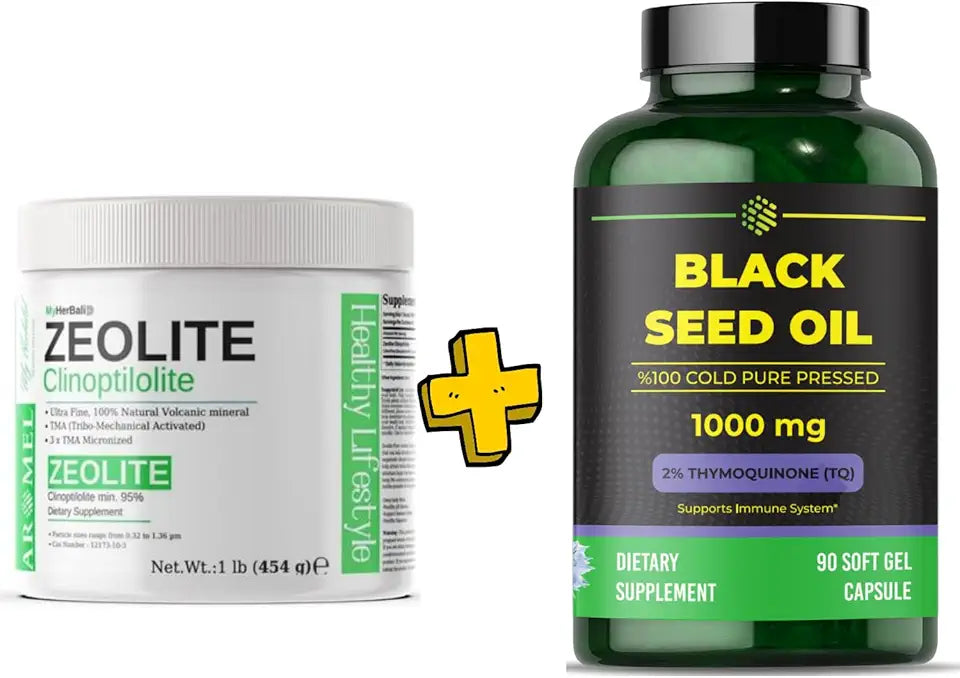 Zeolite Clinoptilolite Powder 1 lb + Black Seed Oil 90 Softgel Capsules D61190