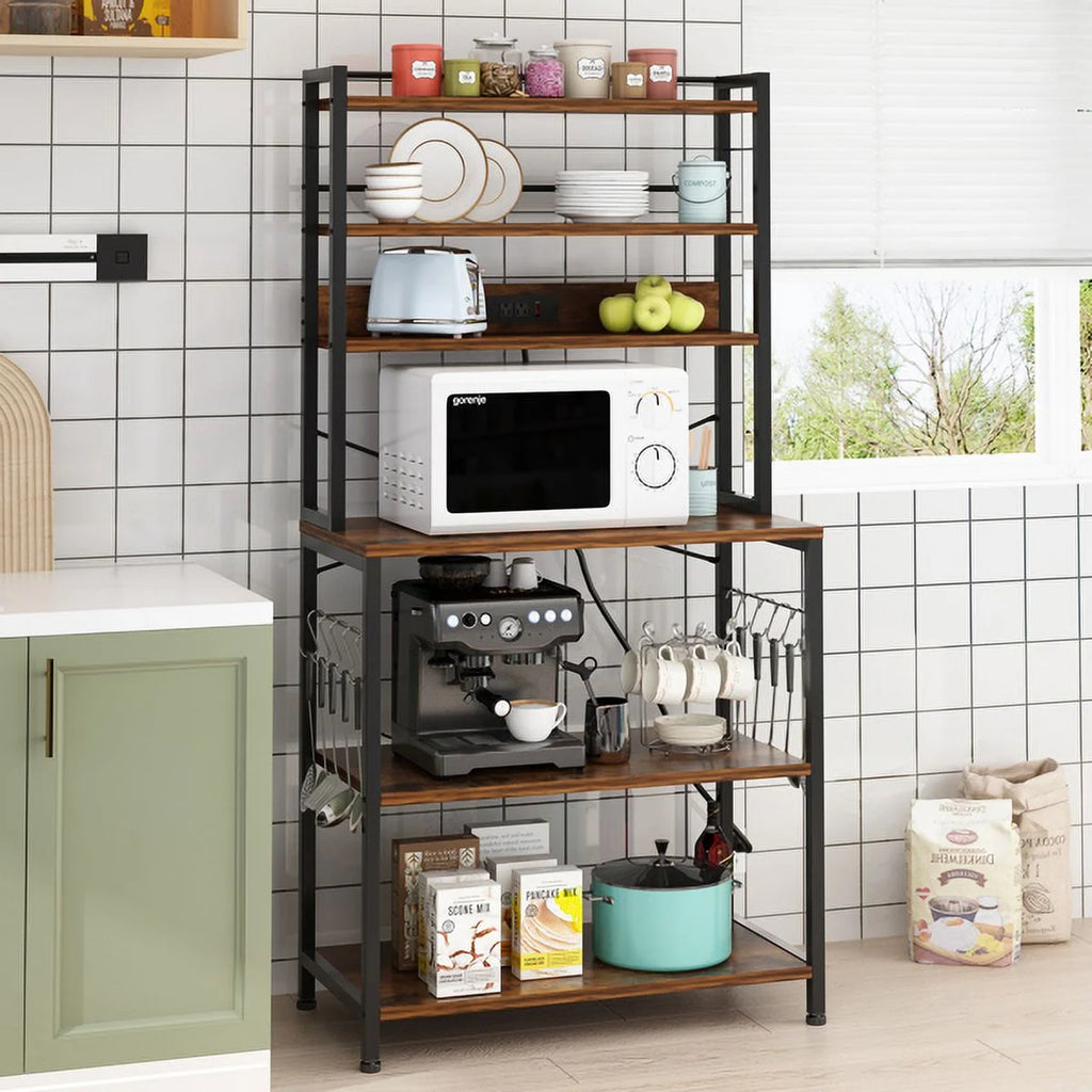 Rustic Brown 6-Tier Bakers Rack with Power Outlets S523