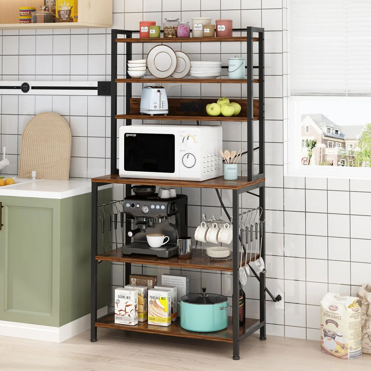 Rustic Brown 6-Tier Bakers Rack with Power Outlets S523