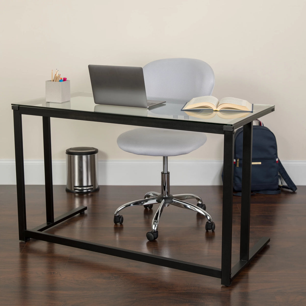Glass Desk with Black Pedestal Metal Frame Z71214
