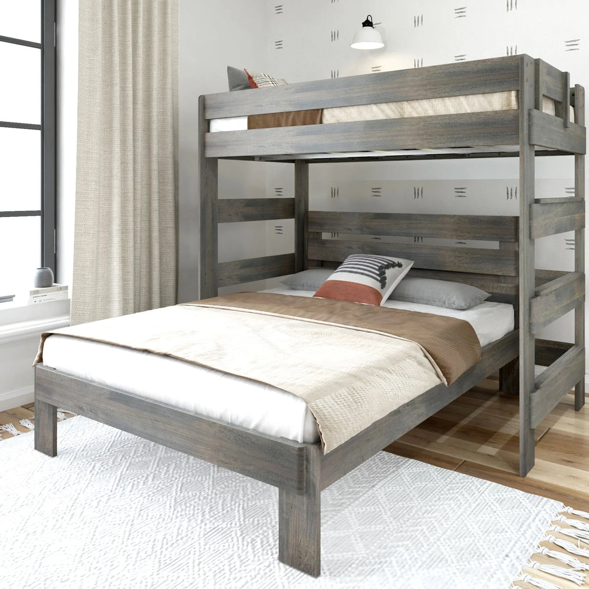 Solid Wood Twin over Queen L-Shaped Bunk Bed V646