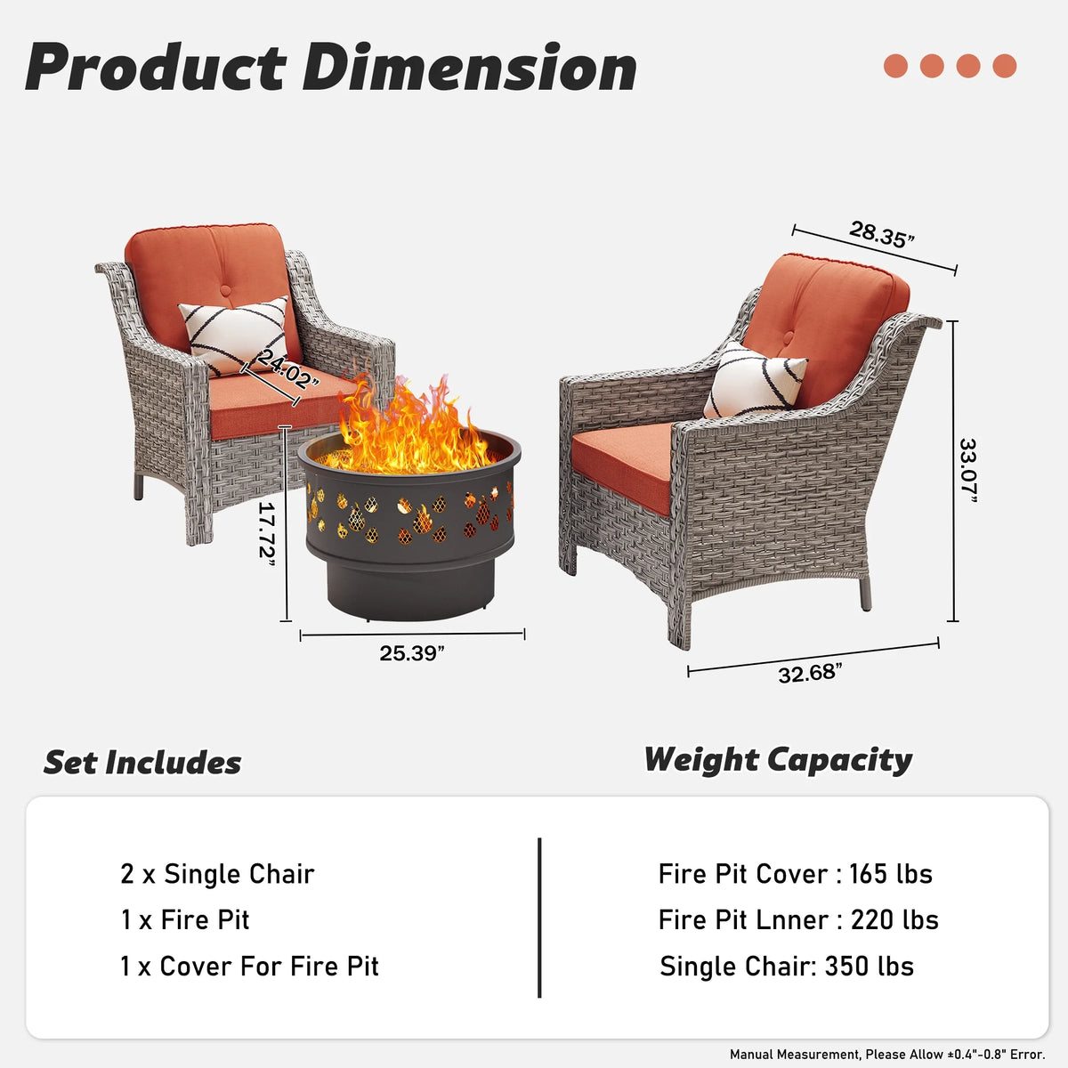 3 Pieces Wicker Outdoor Patio Furniture Set with Fire Pit J53604