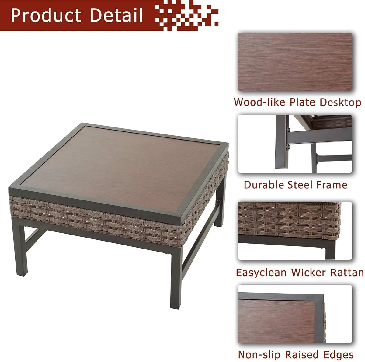 Patio Side End Coffee Table with Metal Steel Frame Wood Grain Desktop Rattan Wicker M238571
