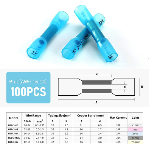 100Pcs 16-14 AWG Blue Insulated Waterproof Heat Shrink Butt Wire Connectors N643
