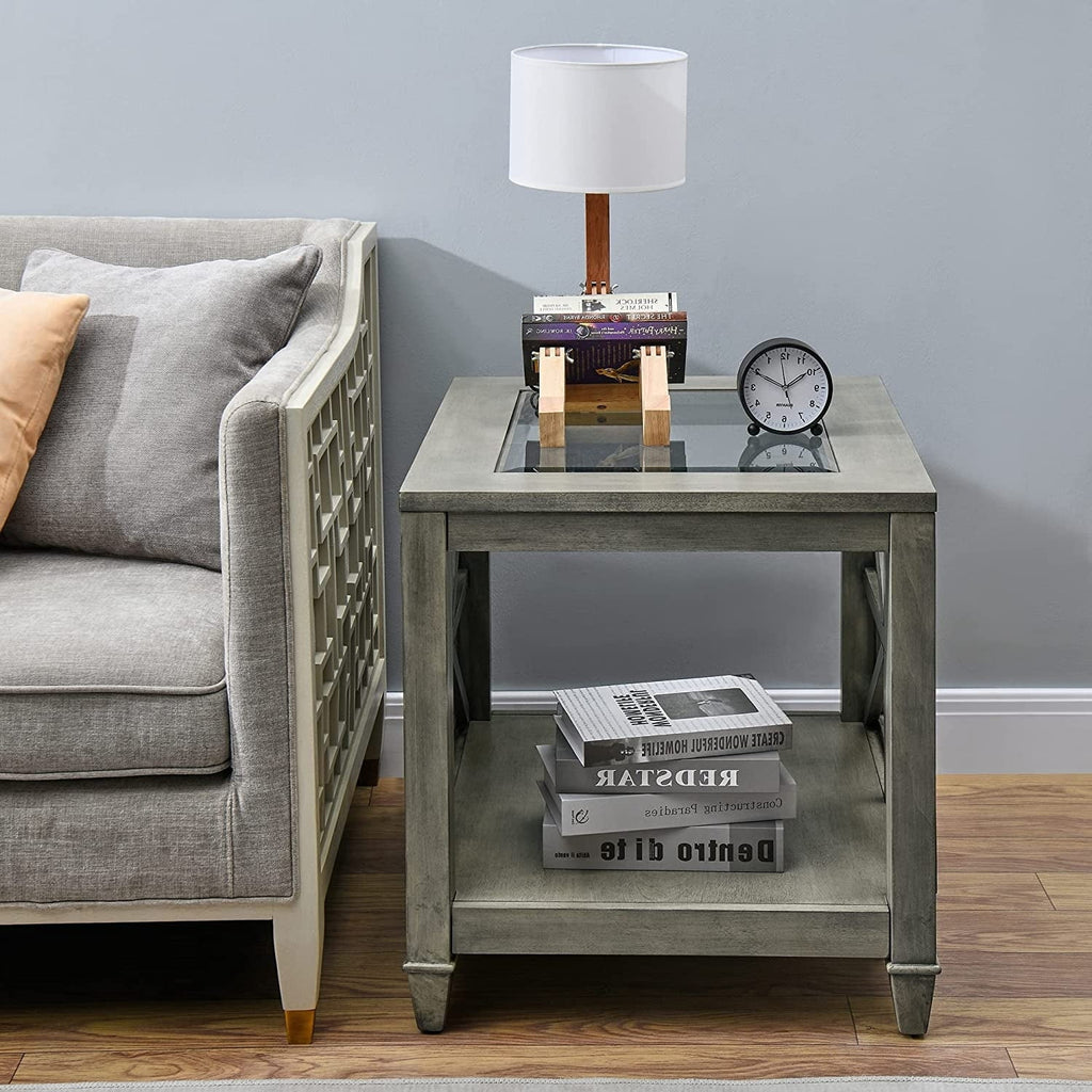 Square Wood End Table with Glass Top Grey S293496