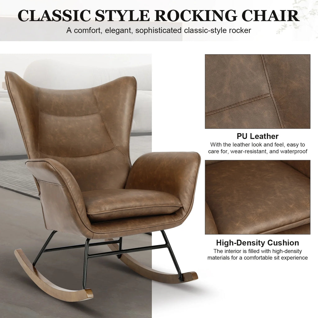 Brown PU Leather Rocker Glider Chair with Wooden Base R473