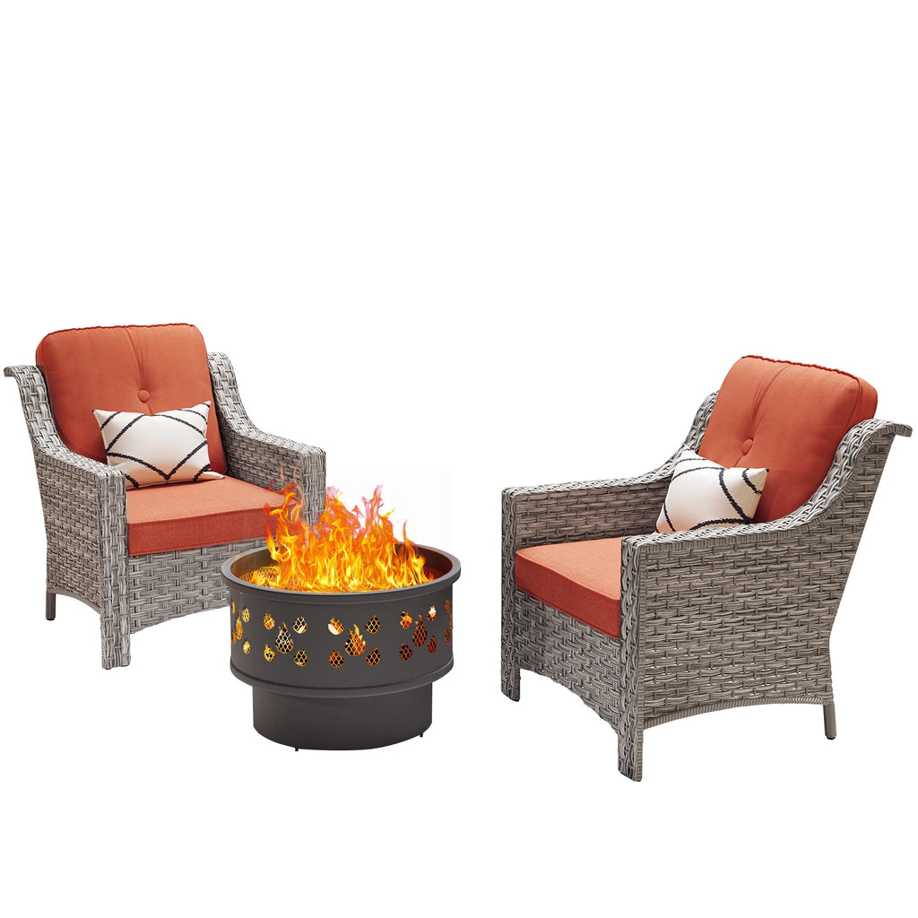 3 Pieces Wicker Outdoor Patio Furniture Set with Fire Pit J53604