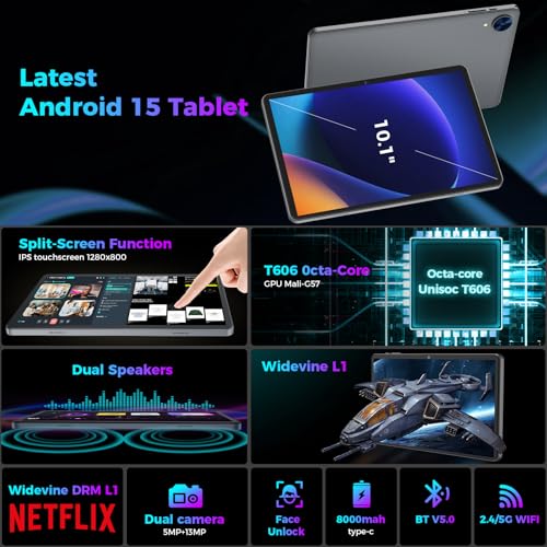 Android 15 Tablet with Keyboard, 26GB RAM, 256GB ROM, 10.1 inch Octa-Core, 8000mAh Battery, Green V66636