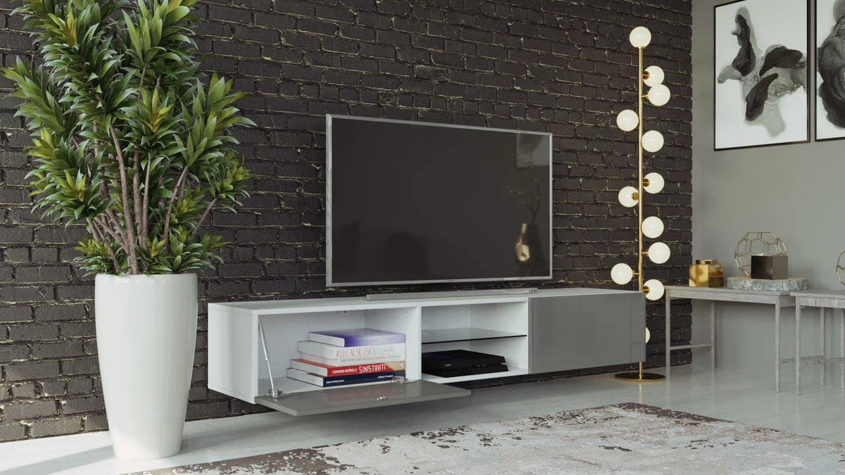White Slate Grey Glass TV Stand with LED P28863