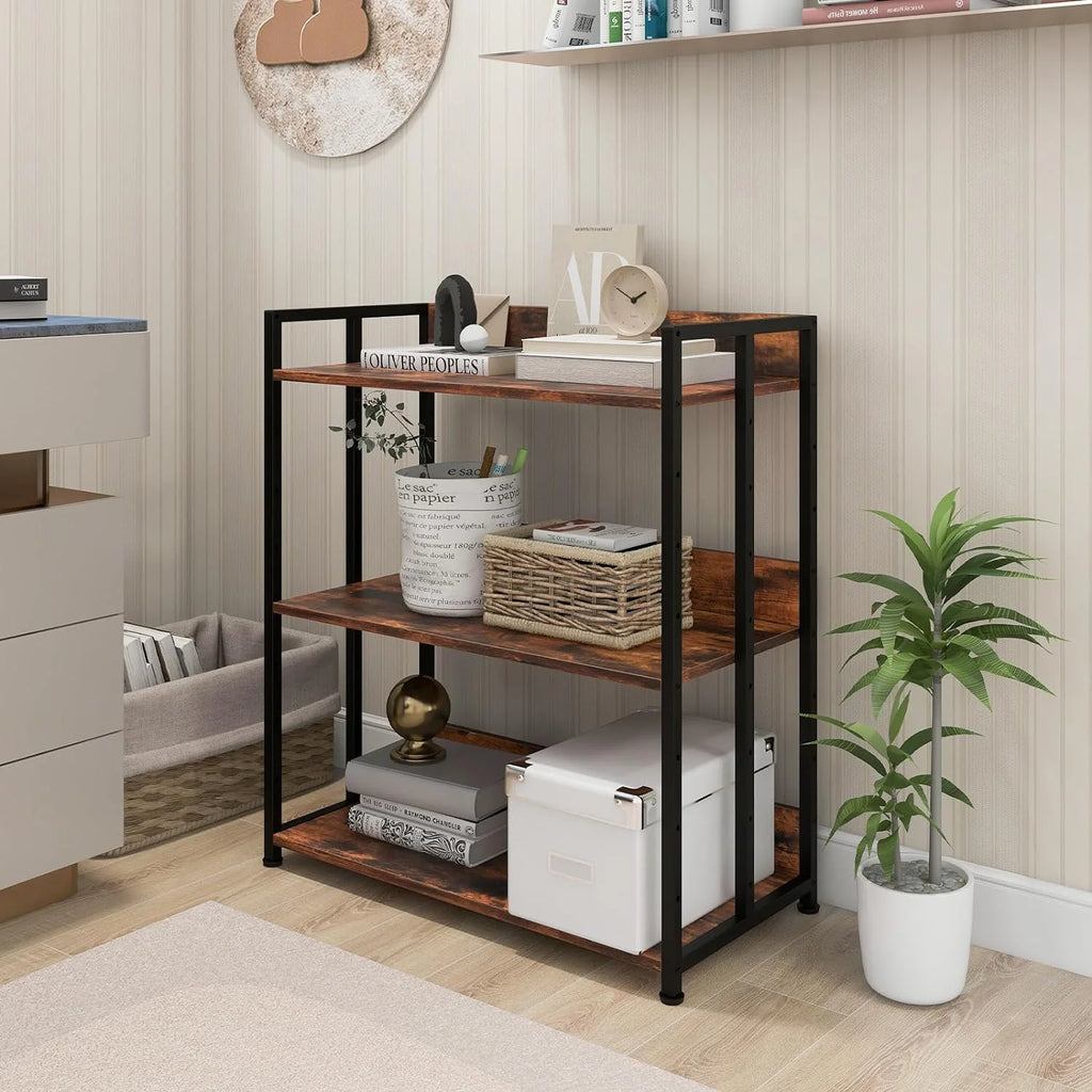 3-Tier Rustic Brown Bookshelf with Metal Frame L3214