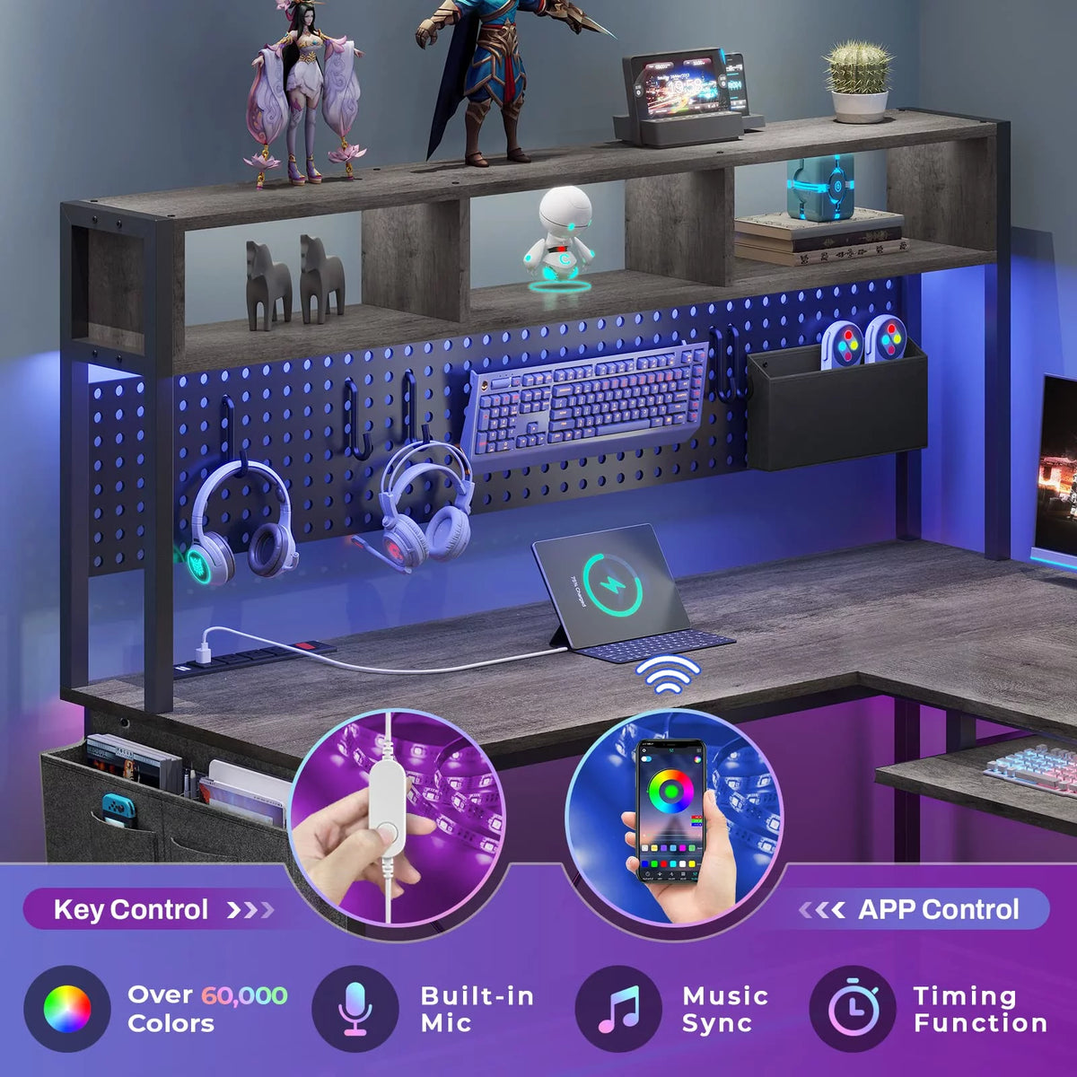 L Shaped Gaming Desk with Power Outlet and Pegboard H611452