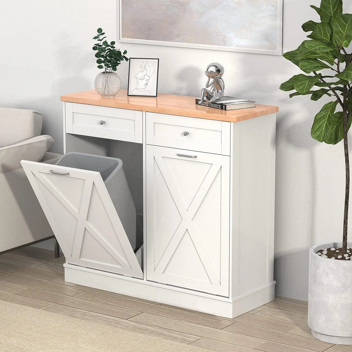 White 20 Gallon Wooden Tilt Out Trash Cabinet F616
