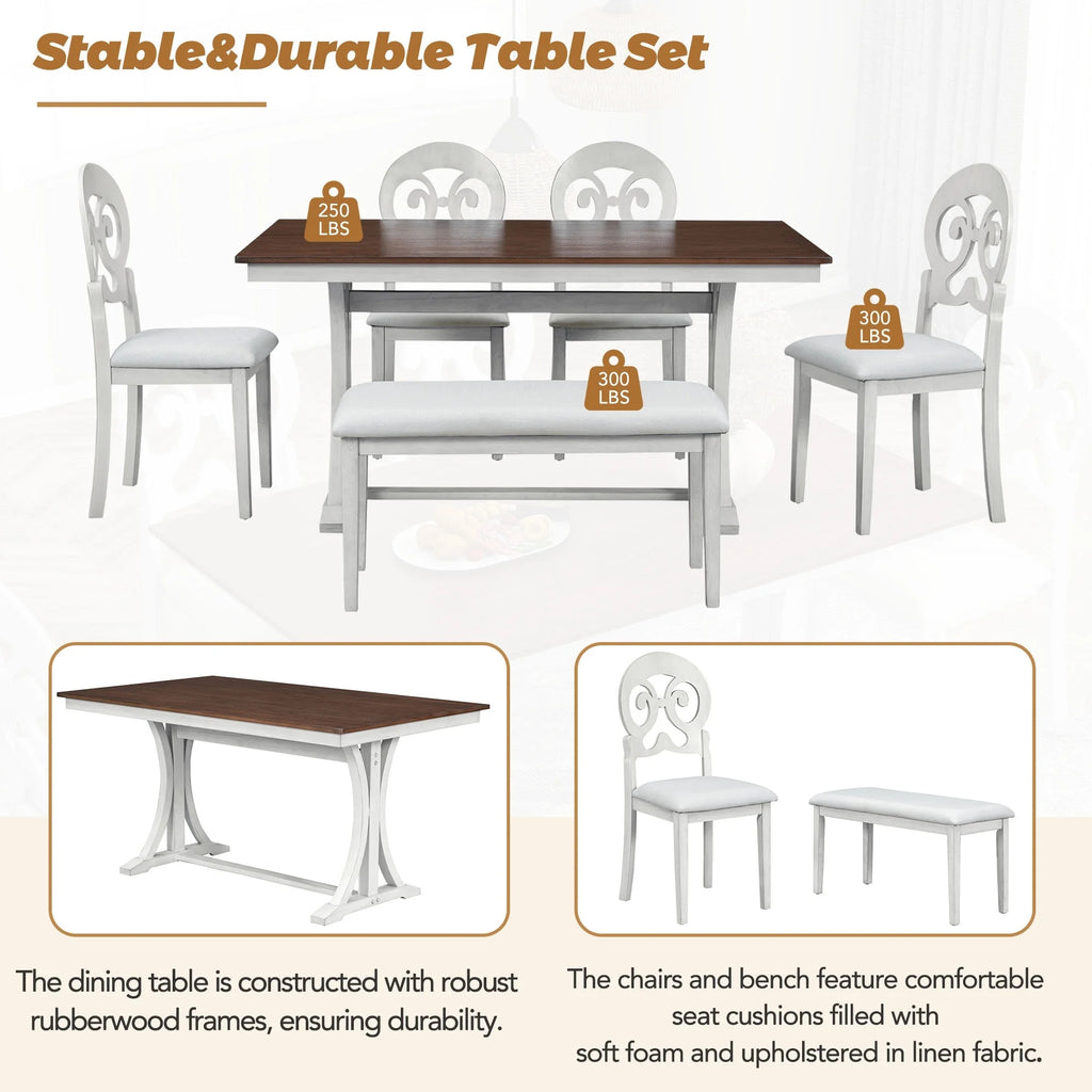 6 Pc Wood Dining Table Set with Chairs and Bench E902