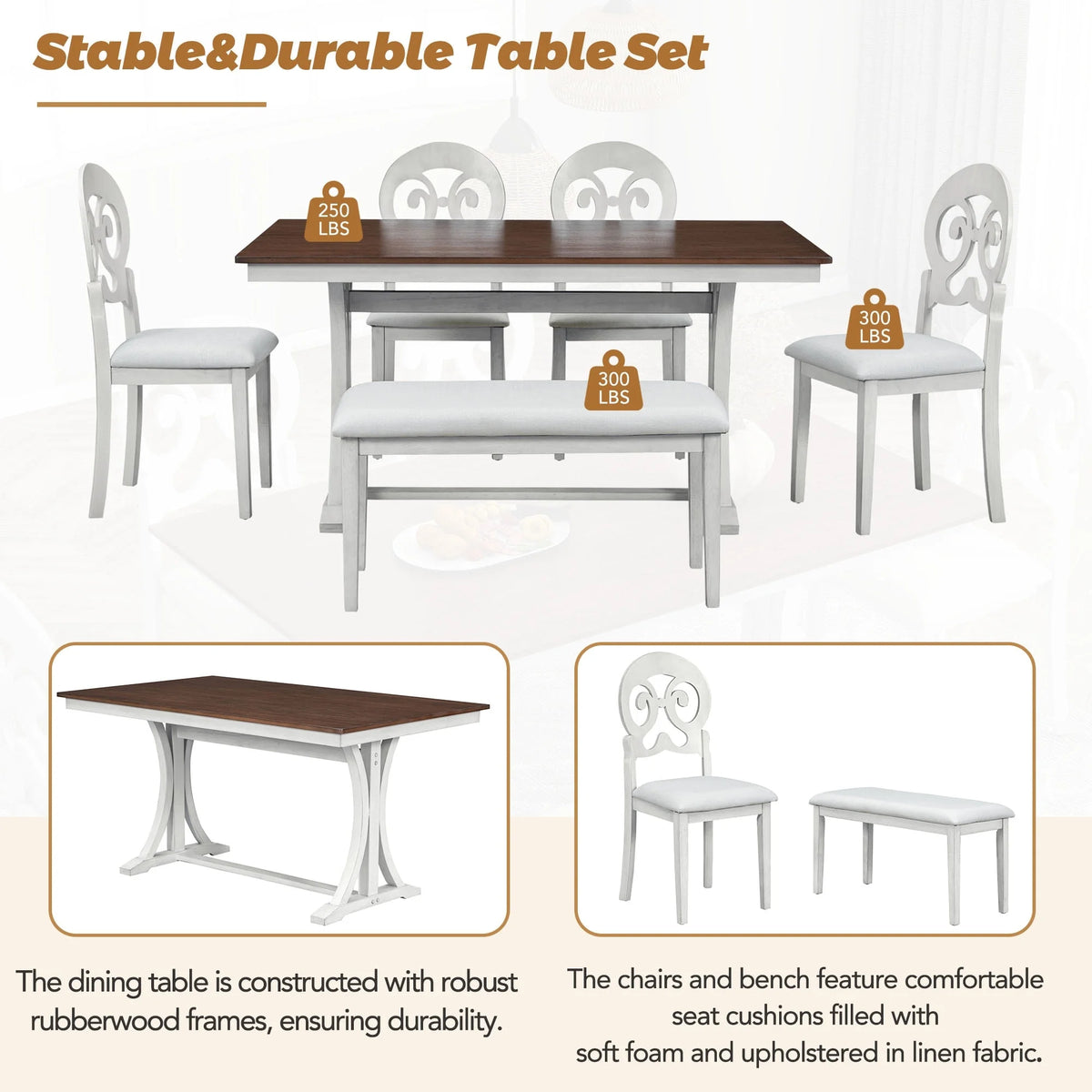 6 Pc Wood Dining Table Set with Chairs and Bench E902