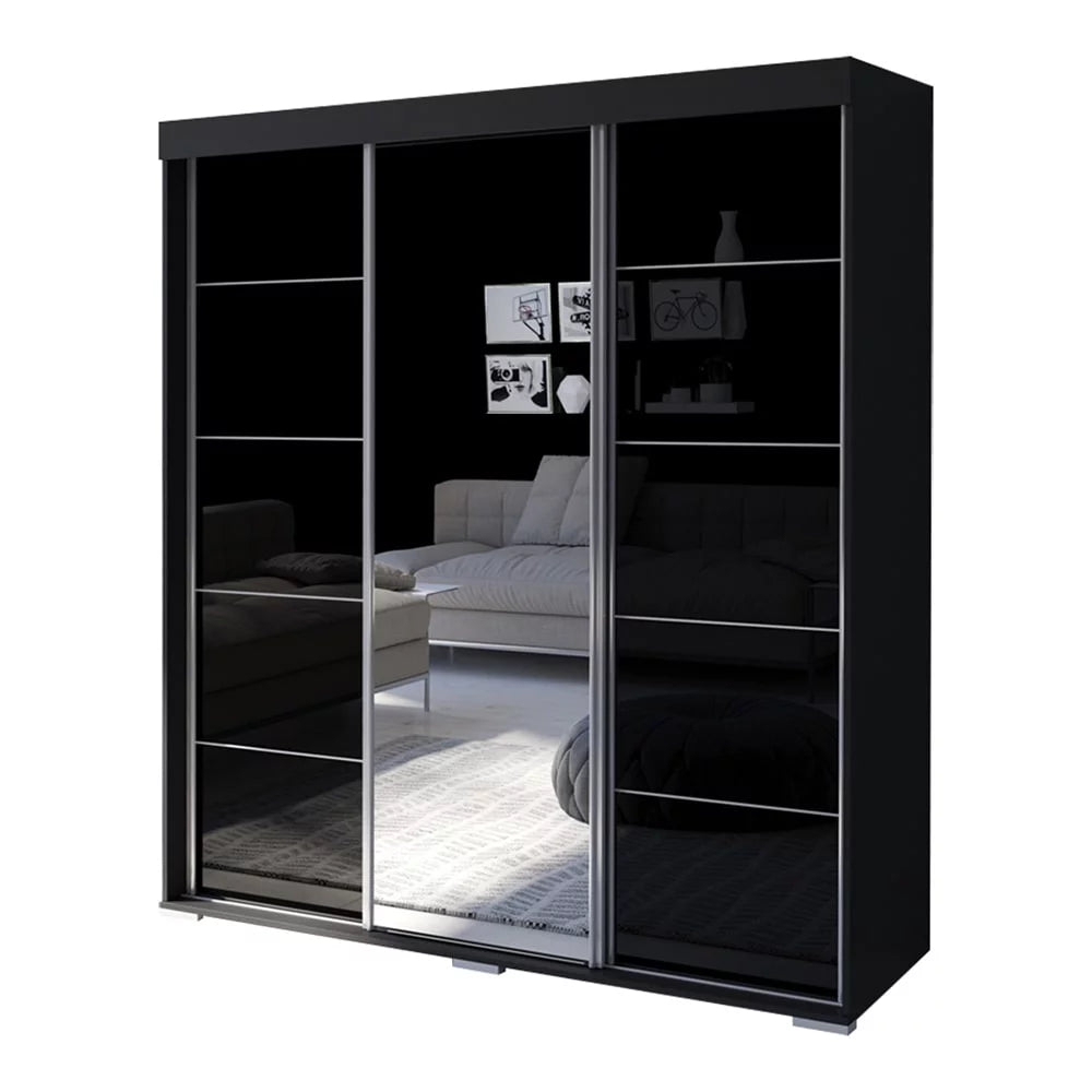 Black 3-door Wardrobe Armoire with Mirror H6378