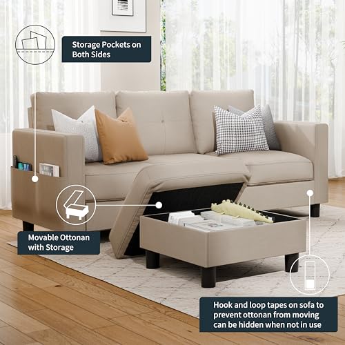 L Shaped Linen Fabric Sectional Sofa with Reversible Chaise L202