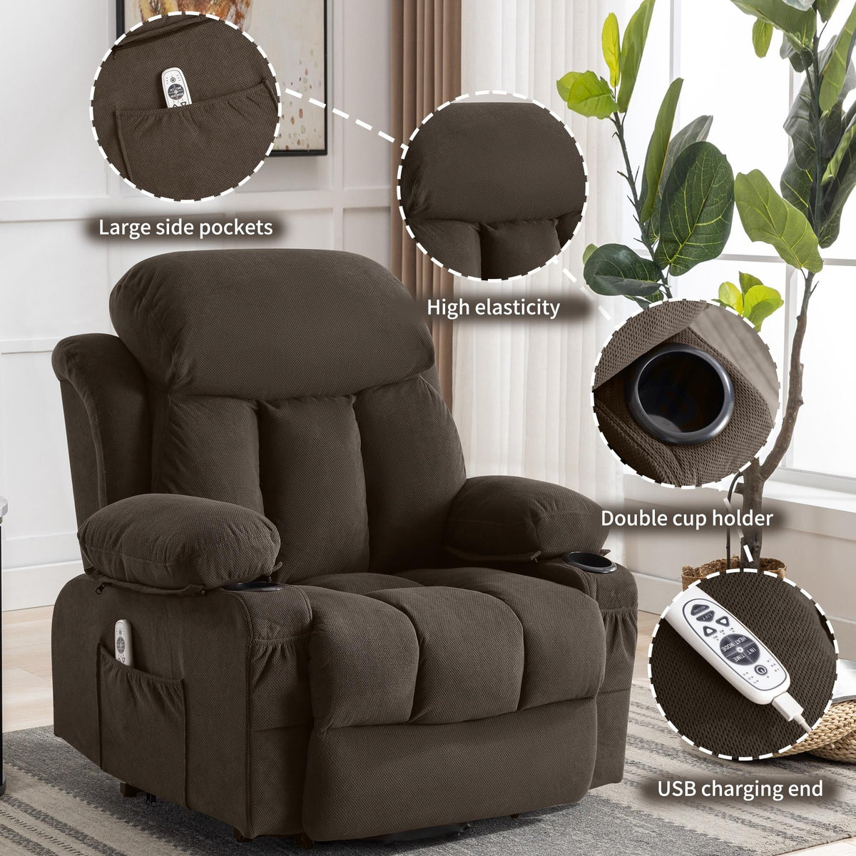 Brown PU Leather Power Lift Recliner Chair with Massage and Heating O355
