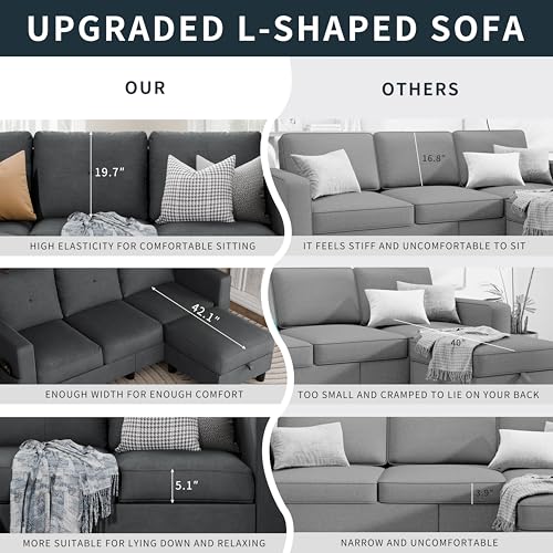 L Shaped Linen Fabric Sectional Sofa with Reversible Chaise L202