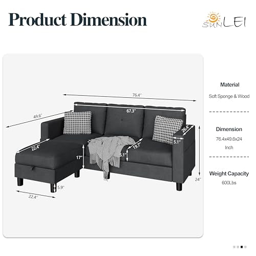 L Shaped Linen Fabric Sectional Sofa with Reversible Chaise L202