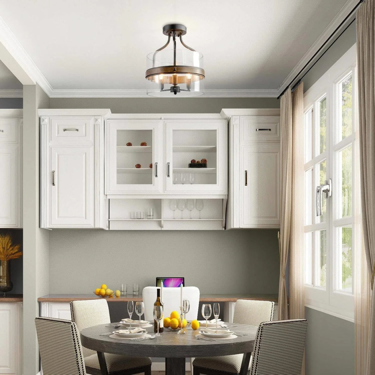 Semi Flush Mount Ceiling Light with Faux Wood & Clear Glass J8656