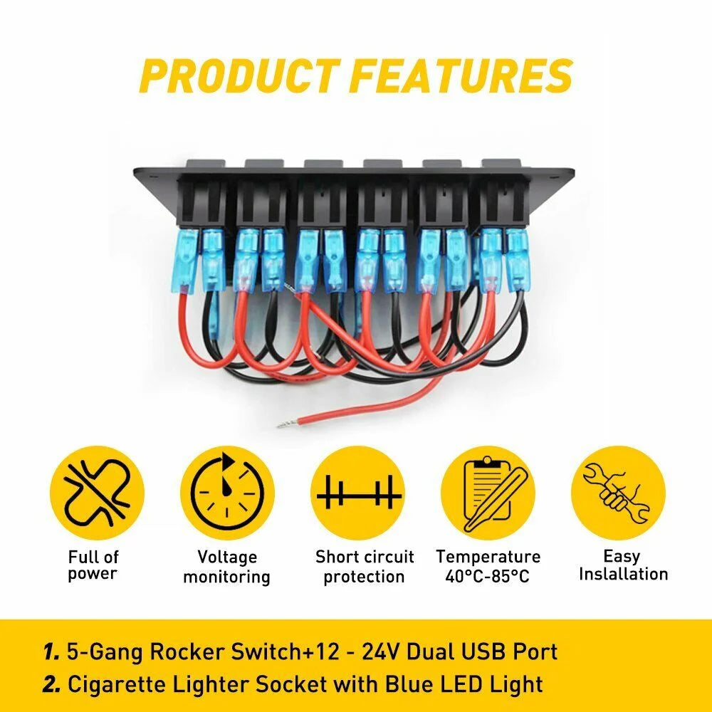 6 Gang Blue LED Waterproof Rocker Switch Panel O1162