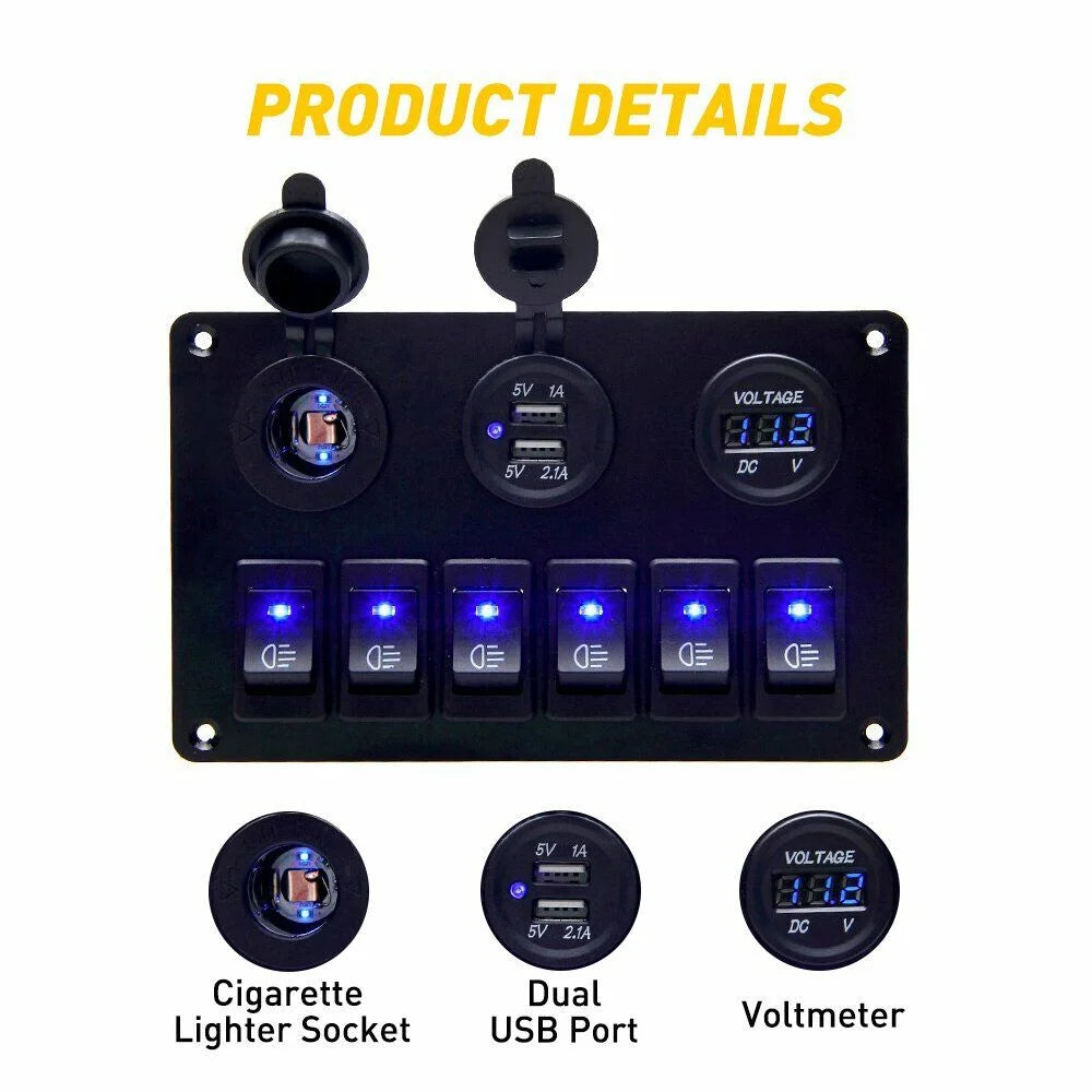 6 Gang Blue LED Waterproof Rocker Switch Panel O1162