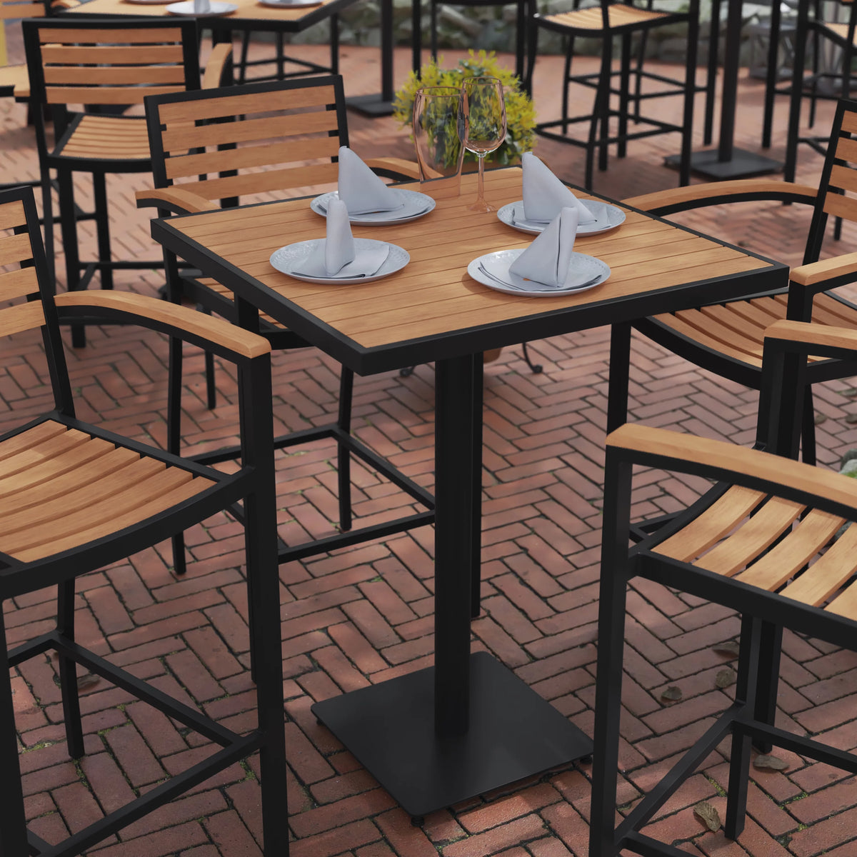 32" Square Outdoor Bar Height Table with Faux Teak Slats B4847