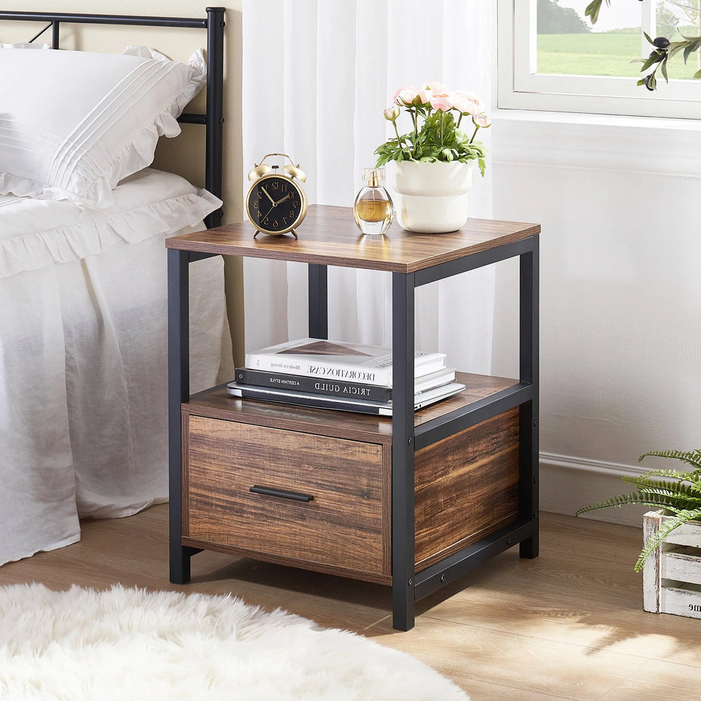 2 Tiers Nightstand with Drawer and Open Shelf Brown B669