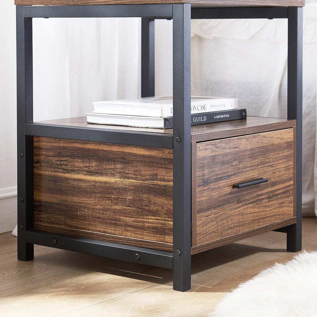 2 Tiers Nightstand with Drawer and Open Shelf Brown B669