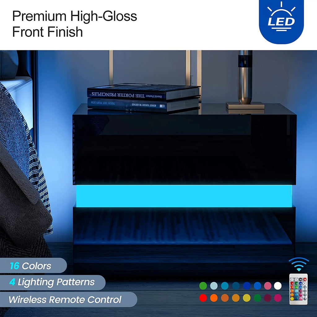 Black Modern LED Nightstand Set of 2 with 2 High Glossy Drawers T46193