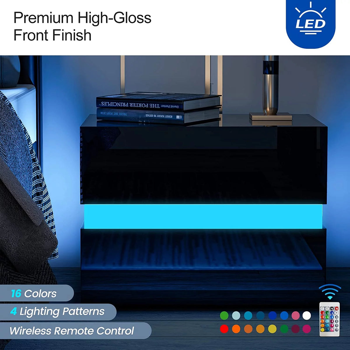 Black Modern LED Nightstand Set of 2 with 2 High Glossy Drawers T46193
