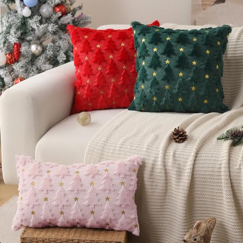 Dark Green Christmas Tree Pillow Covers 18 x 18 inch Set of 2 Plush Faux Fur I12057