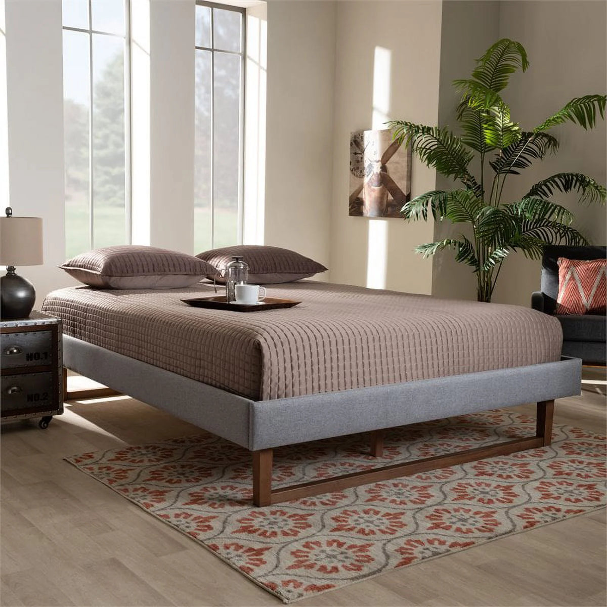 Mid-Century Wood and Fabric Queen Platform Bed I805