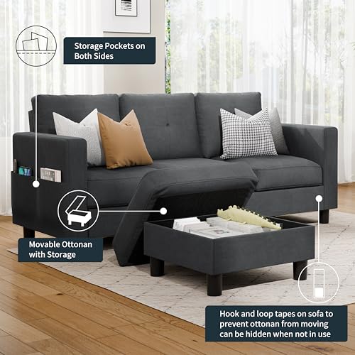 L Shaped Linen Fabric Sectional Sofa with Reversible Chaise L202