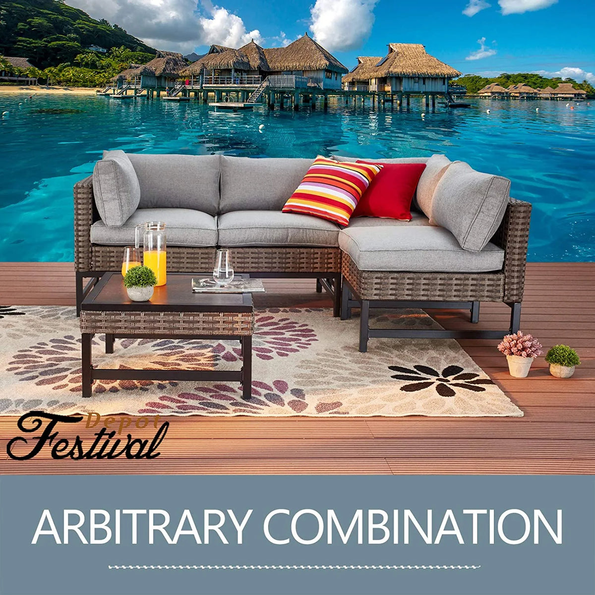 Patio Side End Coffee Table with Metal Steel Frame Wood Grain Desktop Rattan Wicker M238571