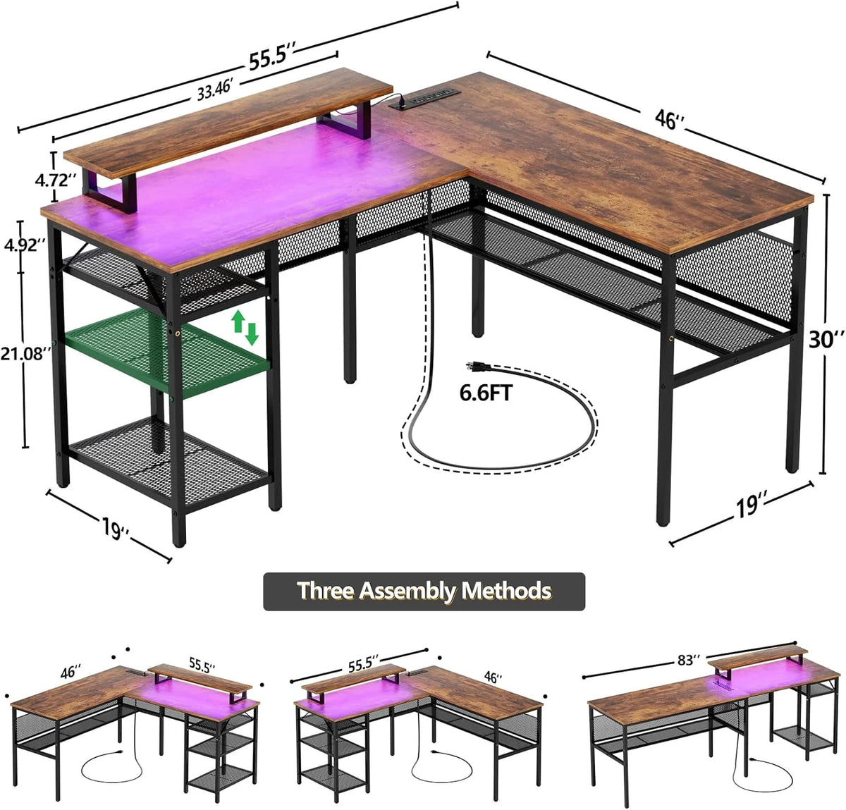 55 Inch Reversible L Shaped Computer Desk with Power Outlets V31929