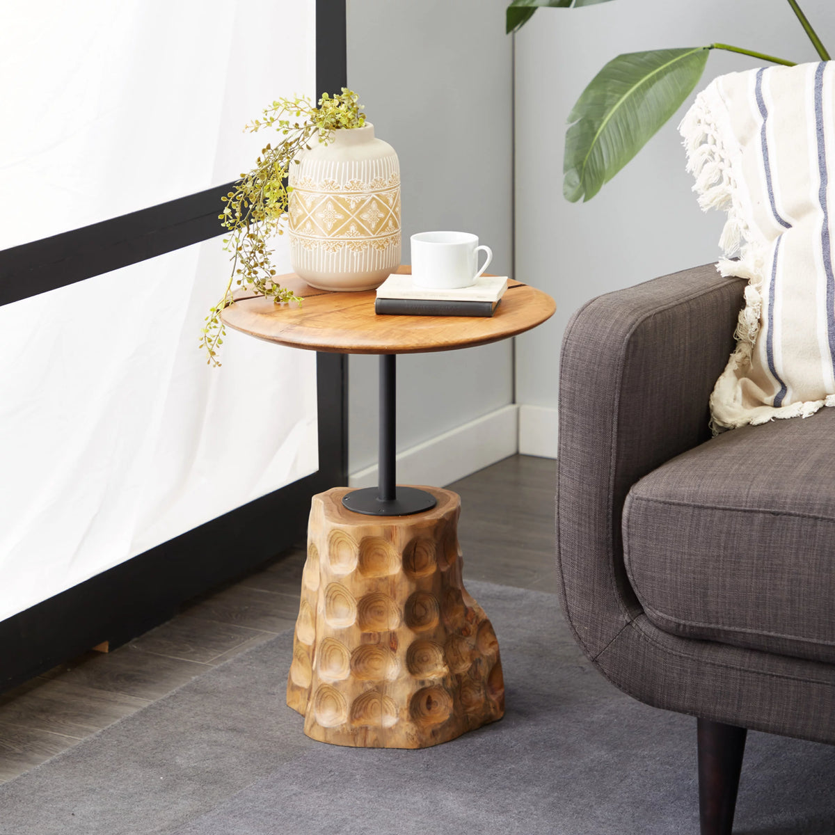 Brown Teak Wood Live Edge Accent Table with Tree Stump Base N908