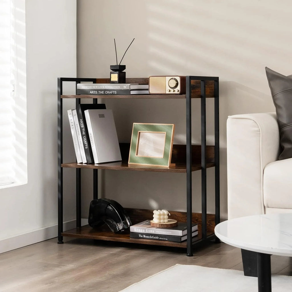 3-Tier Rustic Brown Bookshelf with Metal Frame L3214